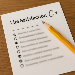 A paper titled “Life Satisfaction” with a handwritten C+ grade, symbolizing mediocrity and unfulfilled potential.