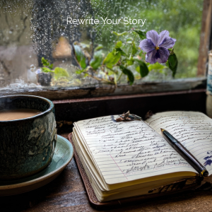 An open journal with a pen and cup of coffee