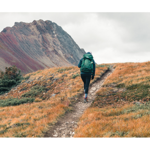 Hiker walking up a mountain path under cloudy skies, symbolizing steady progress and small steps toward lasting change.